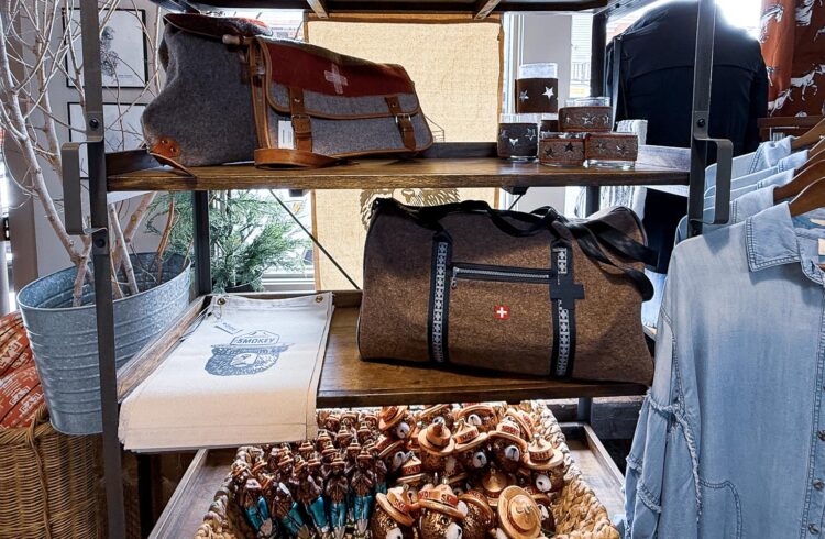 retail display with smokey the bear figurines and various travel bags