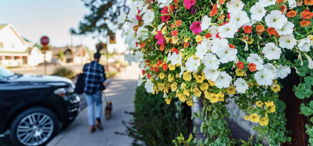 Bouquet of flowers hanging in downtown Sisters Oregon
